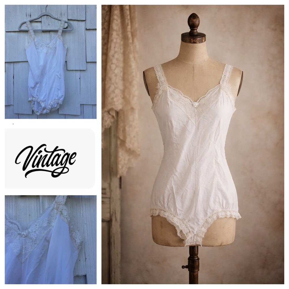 Vintage Olga First Lady White Lace‎ Trim Nylon Bodysuit Teddy Style 928 Size 36